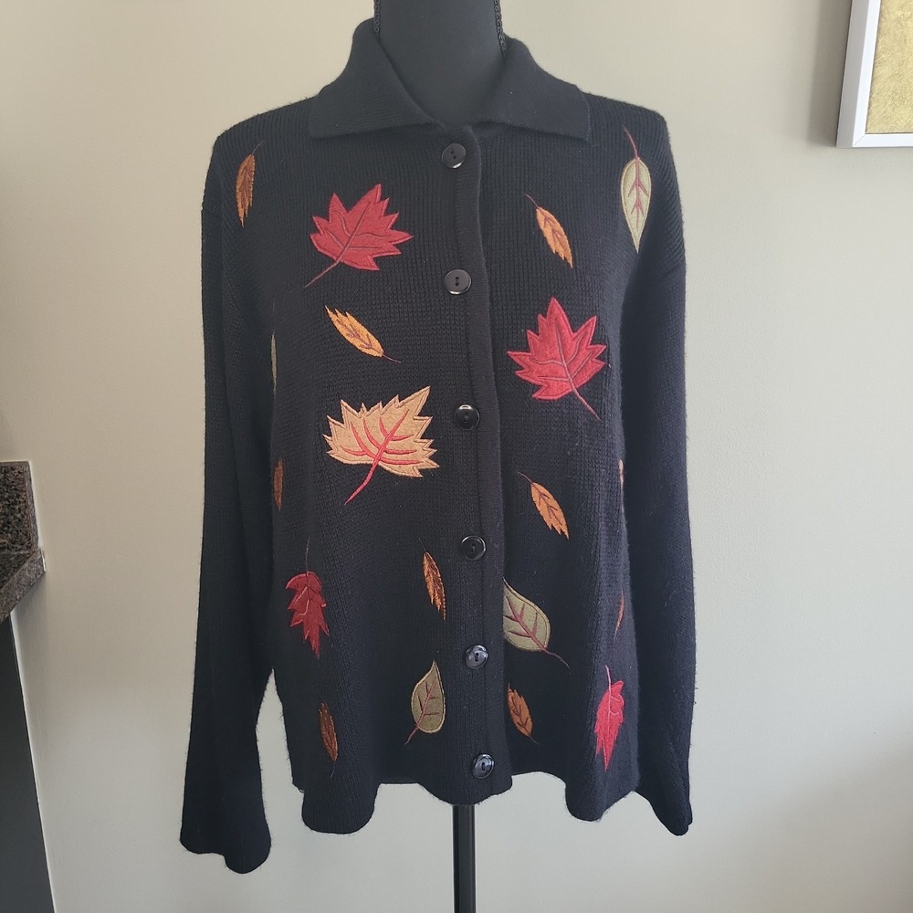 VINTAGE K. B. Collections Embroidered Fall Leaves Cardigan  Women's L Black